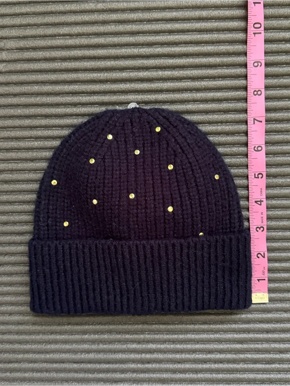 LOFT Navy Blue Studded Ribbed Knit Beanie NWT Gold Embellished Cuff Hat